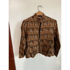 Chicos Silk Rayon Jacquard Jacket Brown Black Architectural Print Size 0